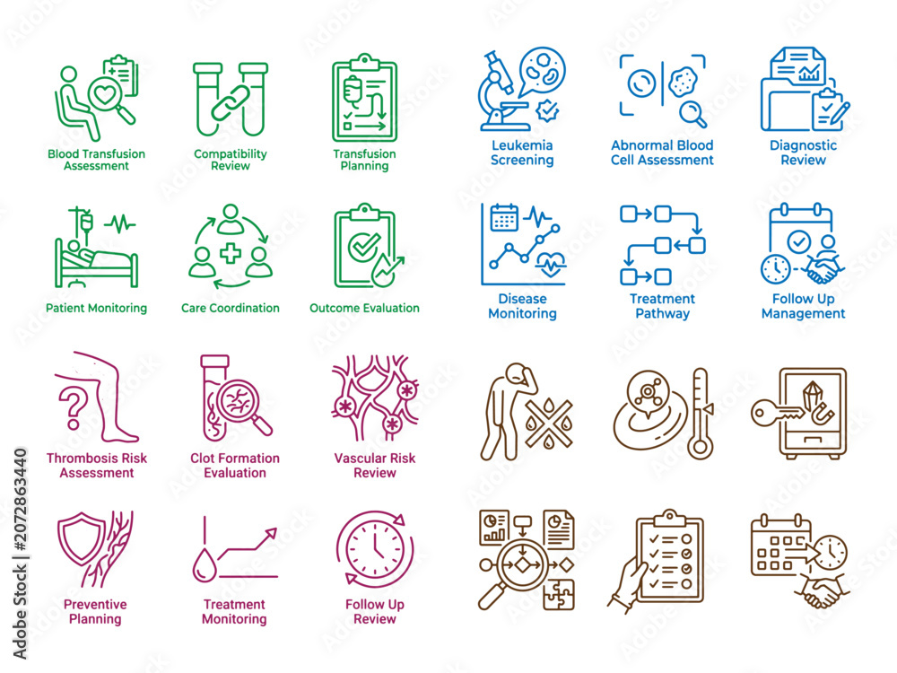 Naklejka premium Medical Diagnostic Icons, a comprehensive vector collection for healthcare, patient monitoring, and treatment planning; featuring 24 outline-style medical icons for clinical assessment and