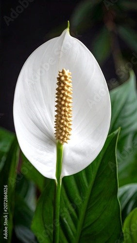 A close-up view of a blooming white peace lily flower