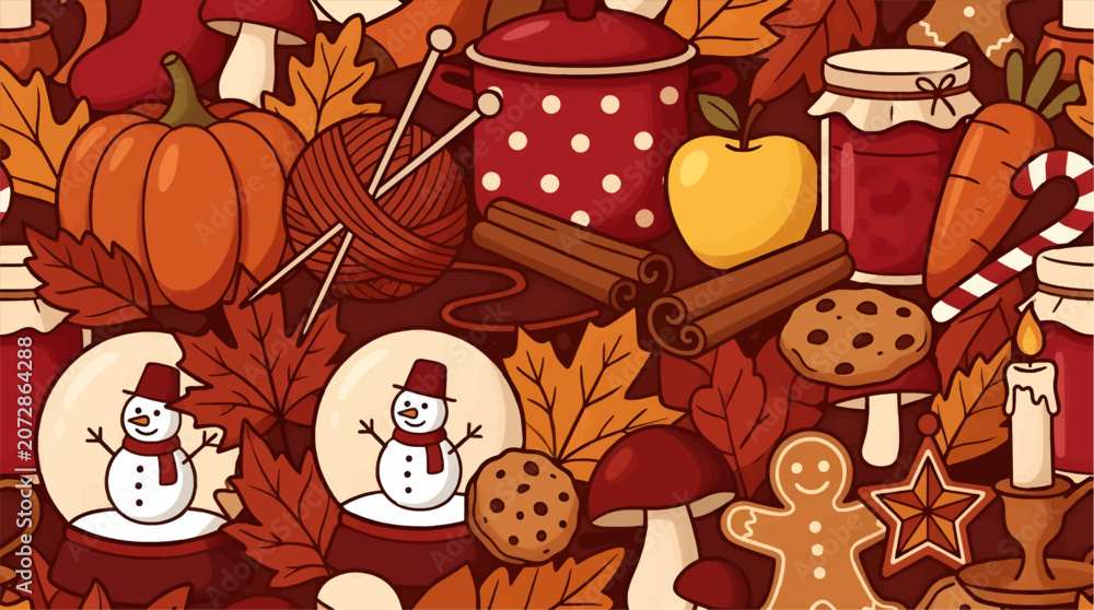 Naklejka premium Cozy Autumn and Winter Seamless Pattern with Flat Fall Leaves, Pumpkins, Snowmen, Cookies, Jam Jars, and Spices, Warm Seasonal Illustration