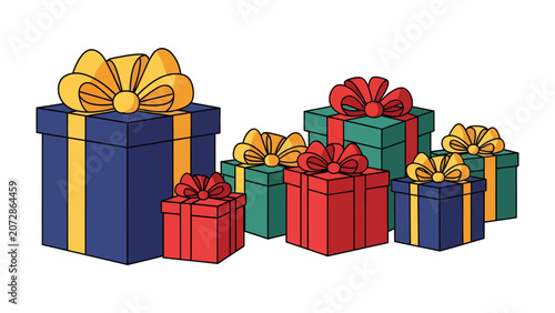 Fotografija Assortment of Gift Boxes: A collection of vibrantly colored gift boxes adorned with festive ribbons and bows, ready for celebration