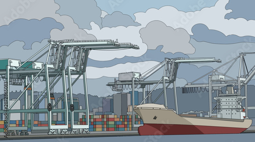 Porto commerciale con navi da carico, gru e container, in un paesaggio industriale marittimo.