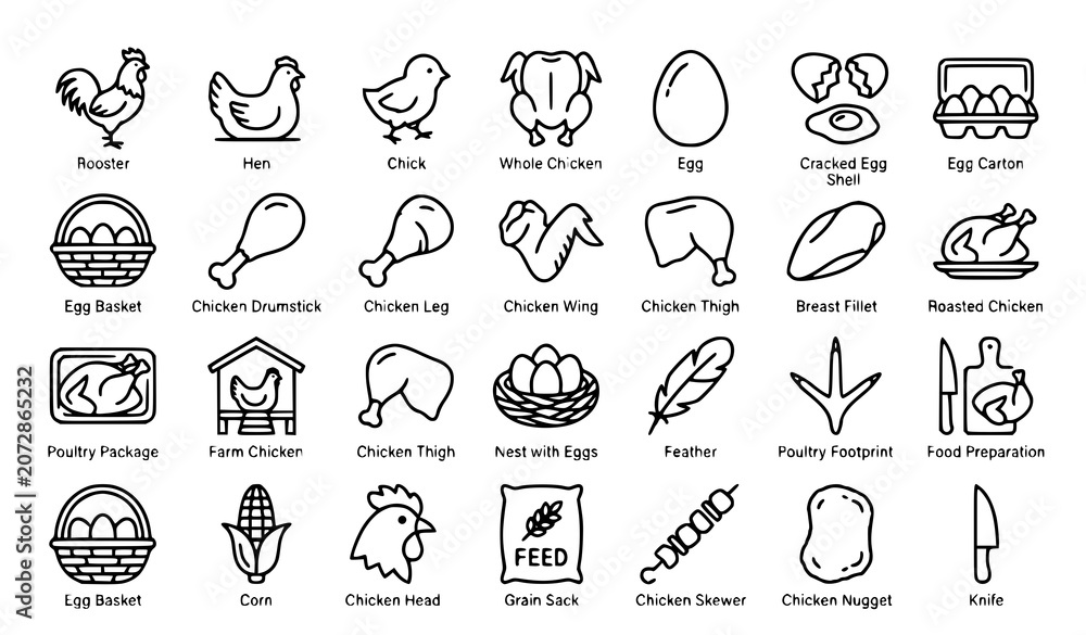 Fototapeta premium Premium Chicken and Poultry Vector Icons Editable Stroke Outline Collection for Food and Farming