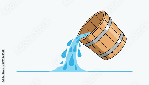 Simple illustration of a wooden bucket tilted and pouring fresh blue water out onto a clean surface.