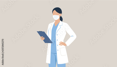 Female doctor wearing medical mask and white lab coat holding a blue clipboard against a plain background.