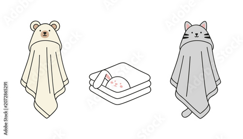 Set of three cute baby hooded towels shaped like a cream bear, a folded white rabbit, and a grey cat.
