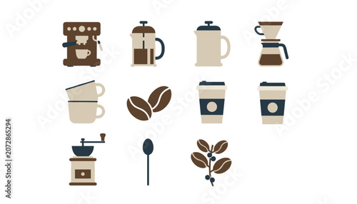 Minimalist flat icon set containing various coffee brewing tools, coffee beans, cups, and a manual grinder.
