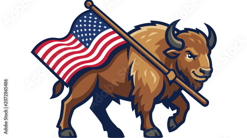 Patriotic Bison Mascot Carrying American Flag Flat Vector
