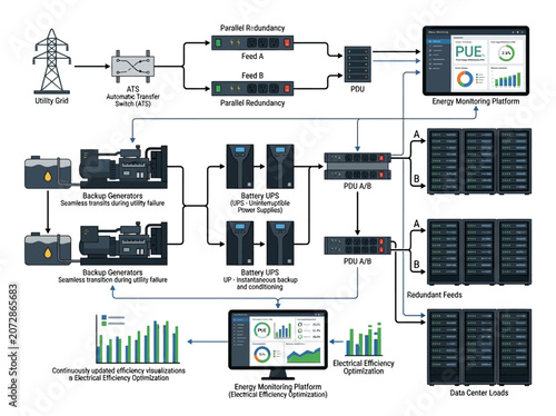 Comprehensive Diagram: Data Center Power Management System Illustrating Redundant Electrical Infrastructure, Backup, and Energy Efficiency