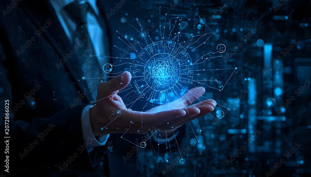 Fototapeta premium Professional businessman holding a glowing artificial intelligence hologram interface for advanced data analysis and digital innovation in a dark office