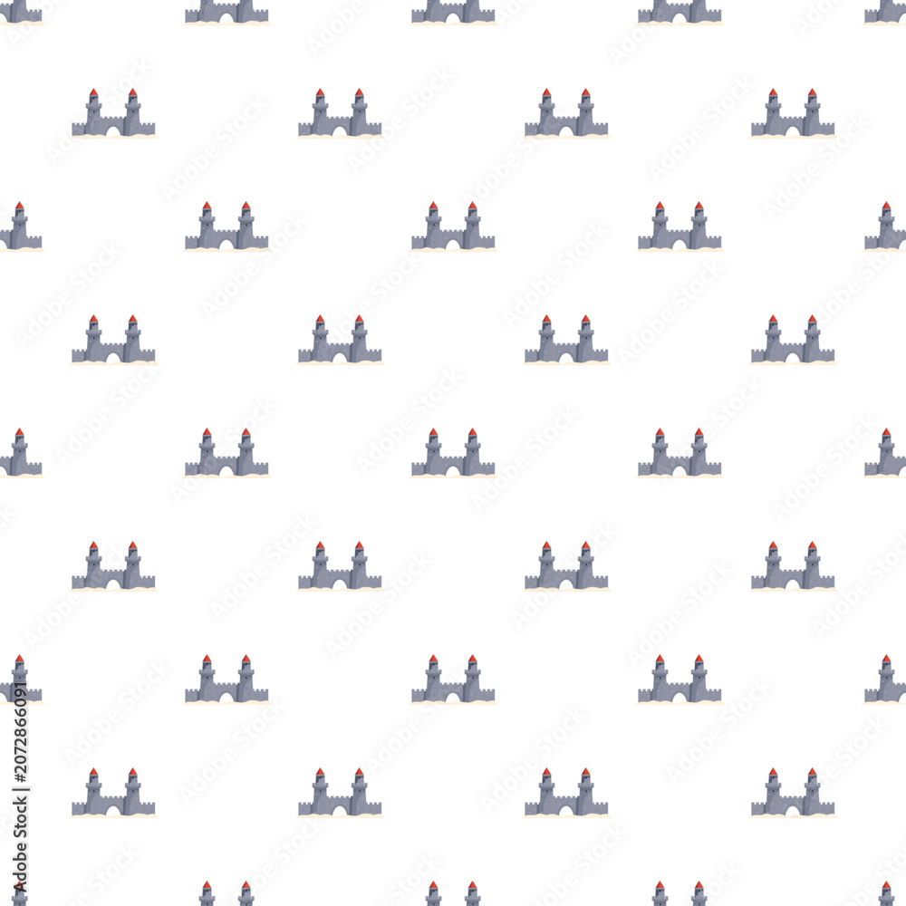 Naklejka premium Seamless repeating pattern featuring simple stylized castle walls and towers with red roofs