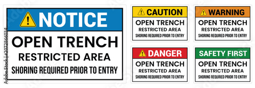 Cuadro en lienzo Open Trench Restricted Area Shoring Required Prior to Entry Warning Sign Label S