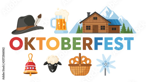 Obraz na płótnie Oktoberfest Celebration Icons: A charming collection of iconic imagery representing the spirit of Oktoberfest, including a traditional hat, frothy beer, alpine cabin, bell, sheep, pretzel