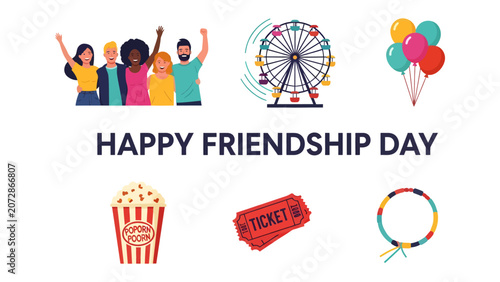Cuadro en lienzo Happy Friendship Day Celebration: A vibrant collage celebrates friendship with diverse group of friends, Ferris wheel, balloons, popcorn, ticket, and a hula hoop