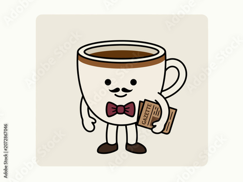Cute cartoon coffee cup character with mustache and bow tie mascot illustration