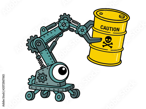 Cute cartoon robot eyeball character with gears and mechanical arm illustration
