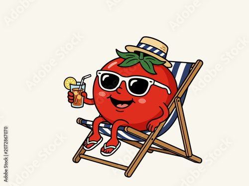 Happy cartoon tomato character relaxing on beach chair with cold drink in summer