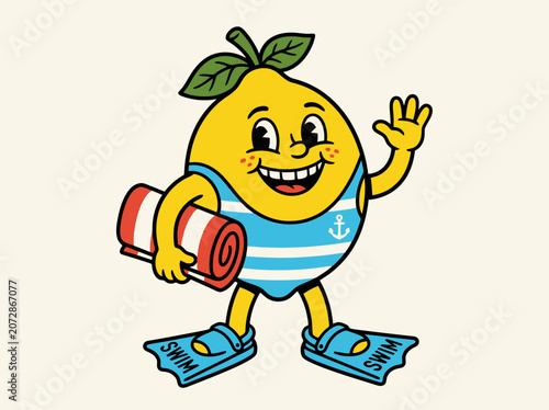 Happy cartoon lemon character holding a beach towel and wearing fins