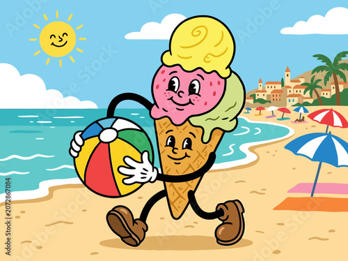 Cartoon ice cream cone character playing with beach ball on summer vacation
