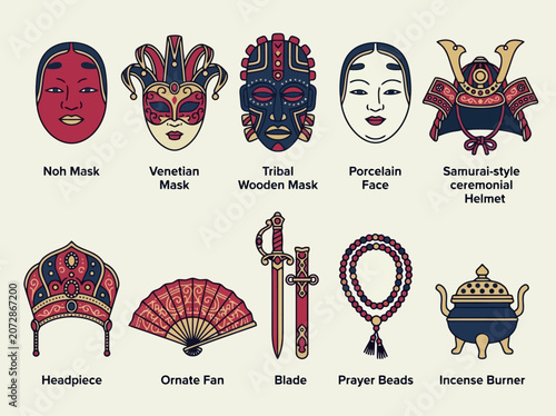 Flat vector cultural artifacts: traditional masks, headpiece, fan, sword illustration representing heritage and art.