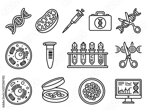 Science and biology outline icons: DNA, cells, lab equipment vector set.
