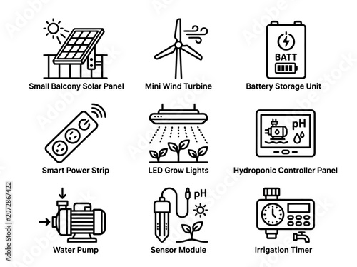 Green energy technology icons set featuring solar panel, power strip and water pump.