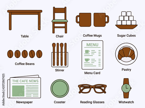 Cafe and coffee shop equipment icons set for menu or interior design
