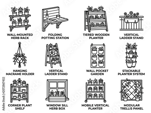 Home Gardening Setups Line Icons: Wall Racks, Potting Station, Plant Shelves
