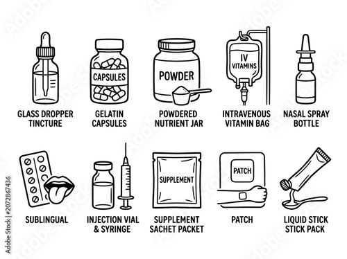Medical supplement icons featuring glass dropper, gelatin capsules, sublingual tablets, and syringe.