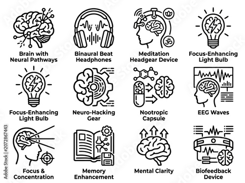 Set of black line icons representing brain health, focus, and learning