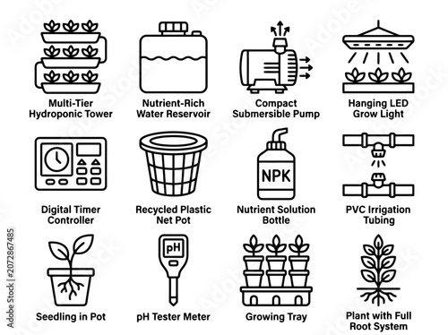 Hydroponic system equipment icons set for vertical indoor farming