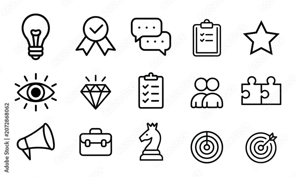Fototapeta premium Professional set of minimalist line icons representing core business strategy and planning with clean flat lighting on white.