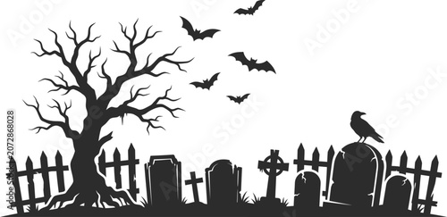 Φωτογραφία Black silhouette of a spooky graveyard scene with tree bats and crow on isolated