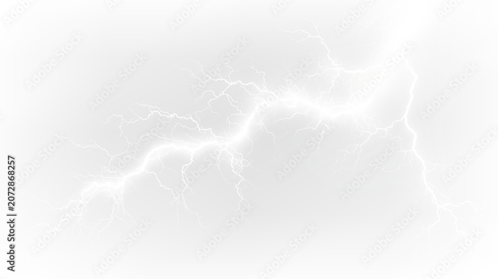 Naklejka premium Realistic White Lightning Bolt with Branching Electric Energy PNG