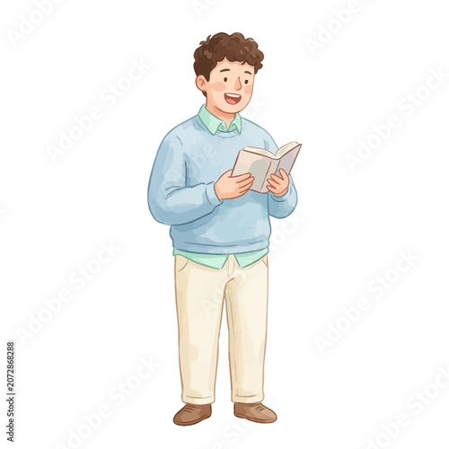 Young man reading a book outside.