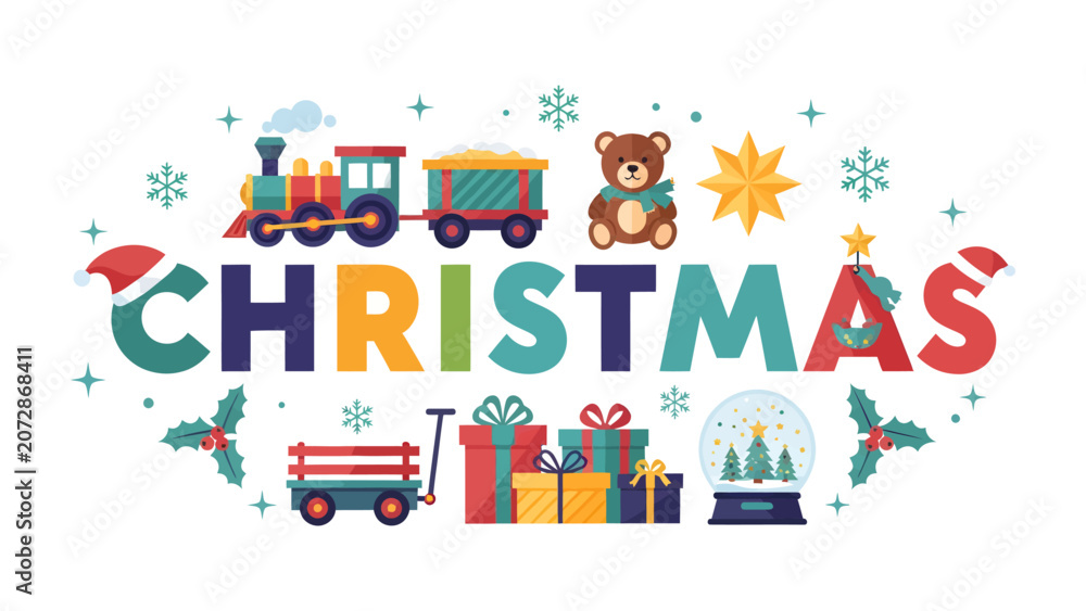 Fototapeta premium Christmas Celebration Typography: Colorful letters spell out Christmas adorned with festive icons like a train, teddy bear, presents, and snowflakes, evoking the spirit of the holiday season.
