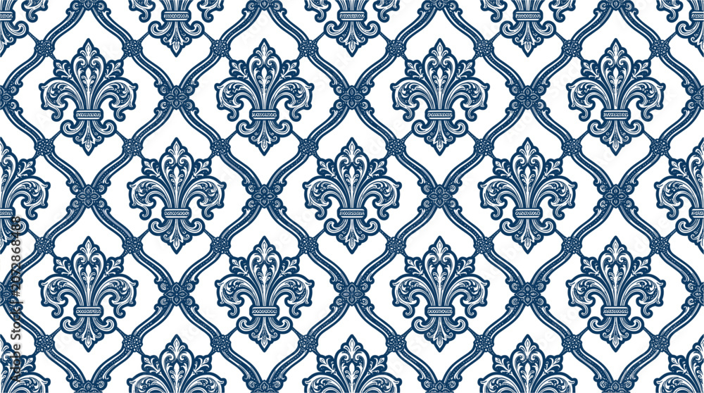 © MdArif - Luxury blue and white damask seamless pattern background vector illustration with ornate classic royal fleur de lis elements for textile and wrapping paper design © MdArif - Luxury blue and white damask seamless pattern background vector illustration with ornate classic royal fleur de lis elements for textile and wrapping paper design