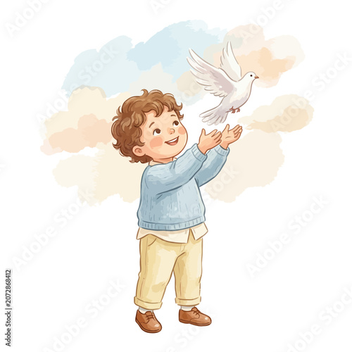 Little boy releasing white dove bird.