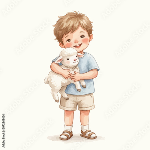 Boy Holding White Lamb Cuddles.