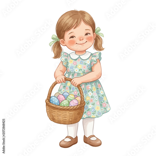 Little girl holding Easter eggs basket.