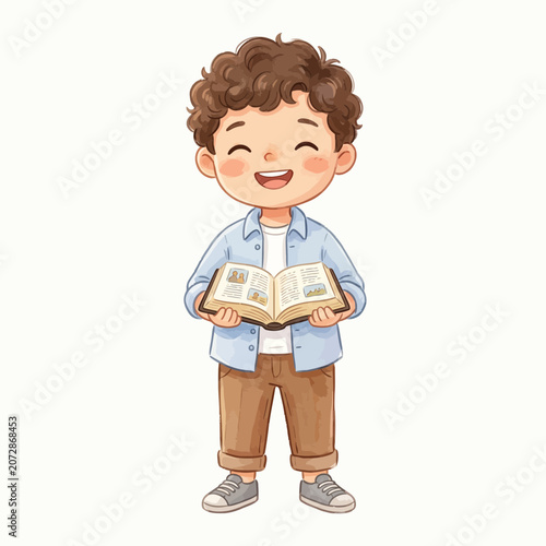 Smiling Boy Holding Open Book.