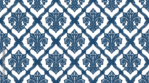 Fototapeta na wymiar Luxury blue and white damask seamless pattern background vector illustration with ornate classic royal fleur de lis elements for textile and wrapping paper design