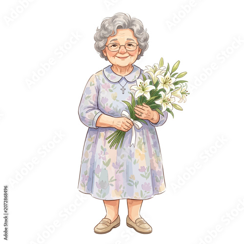 Elderly woman holding white flowers bouquet.