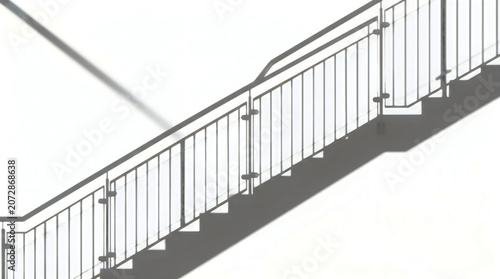 A staircase with a glass and metal railing casting a dark shadow on a white background, showing the structural details of the handrail and steps in a bright architectural environment