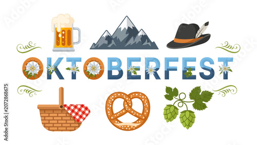 Photography Oktoberfest Celebration: A vibrant illustration captures the essence of Oktoberfest with icons like beer, pretzel, basket, mountains, and a traditional hat, celebrating Bavarian culture and festivity
