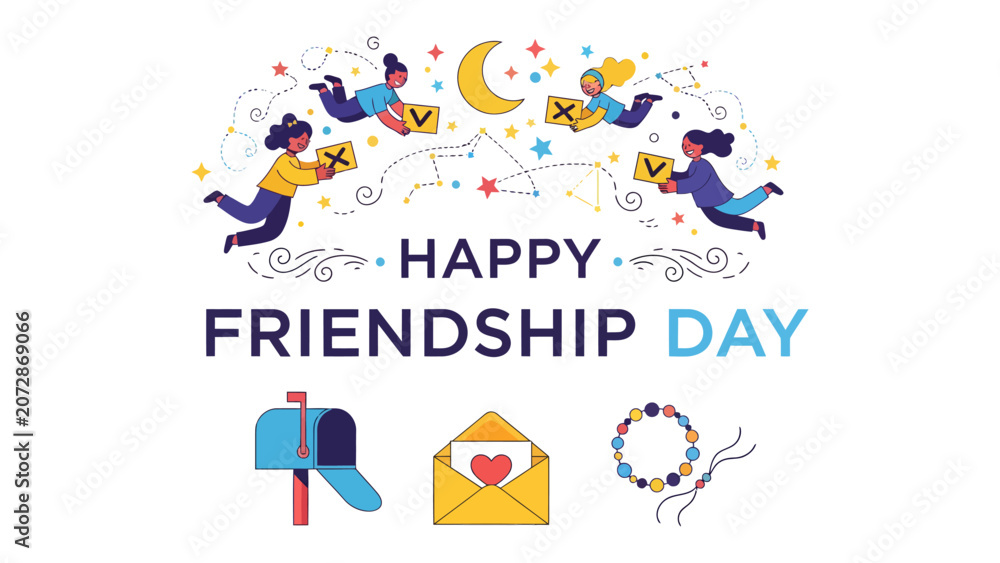 Fototapeta premium Happy Friendship Day Celebration: A vibrant illustration captures the spirit of Friendship Day, featuring women flying through the sky, sending letters and gifts.