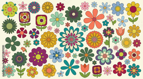レトロでカラフルな花々が散りばめられたシームレスなパターンデザイン、60年代や70年代のポップなスタイルを彷彿とさせる可愛らしいフラワープリントのイラスト素材。
