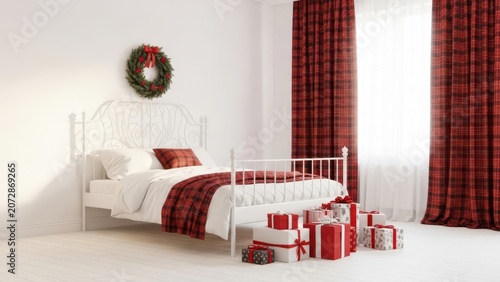 Modern bed with red holiday gifts