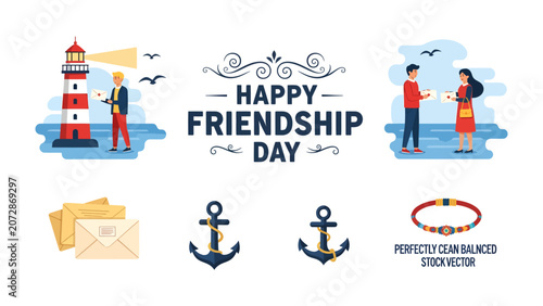 Tableau sur toile Happy Friendship Day Celebration: A vibrant illustration capturing the essence of Friendship Day with diverse elements like a lighthouse, gift exchange, anchors, and heartfelt wishes