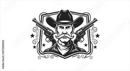 Fotografie Vintage Cowboy Portrait with Crossed Revolvers and Elaborate Mustache