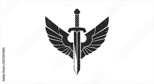 Foto Black winged sword emblem symbol of power and protection.